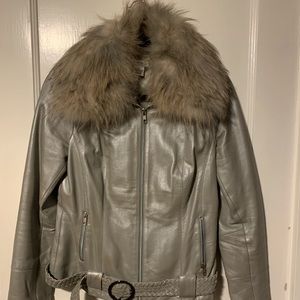 100% Leather Jacket, Cache, Size 8, grey with fur